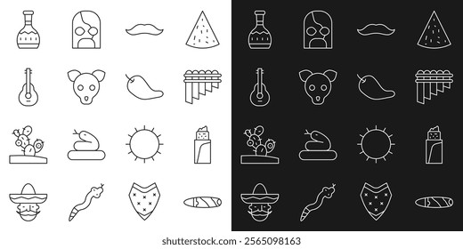 Set line Cigar, Burrito, Pan flute, Mustache, Dog, Mexican guitar, Tequila bottle and Hot chili pepper pod icon. Vector