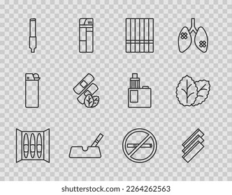 Set-line Cigar, Zigarettenrollpapier, Eschel mit Zigarette, Medizinische Nikotinpflaster, Rauchen und Tabakblatt-Symbol. Vektorgrafik