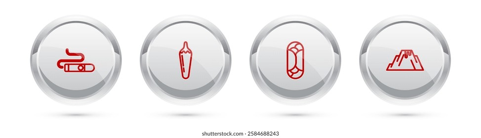 Set line Cigar, Hot chili pepper pod, Burrito and Volcano eruption with lava. Silver circle button. Vector