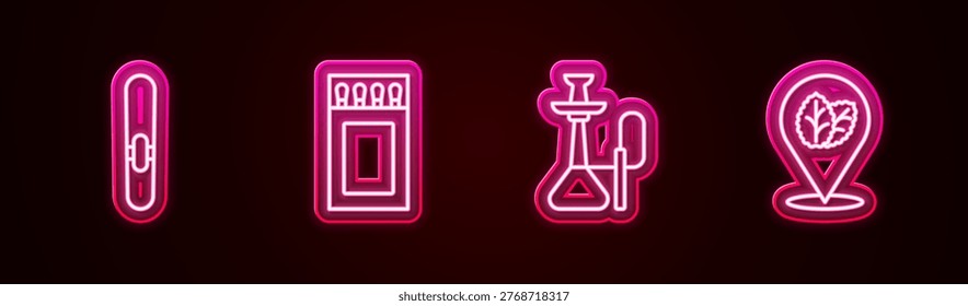 Set line Cigar, Matchbox and matches, Hookah and Tobacco leaf. Glowing neon icon. Vector