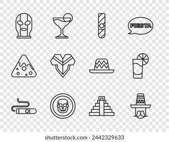 Set line Cigar, sombrero mexicano, moneda de calavera, luchador, Poncho, Chichen Itza Maya y vaso de tequila con icono de limón. Vector