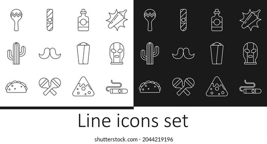 Set line Cigar, Mexican wrestler, Tequila bottle, Mustache, Cactus, Maracas, Burrito and  icon. Vector