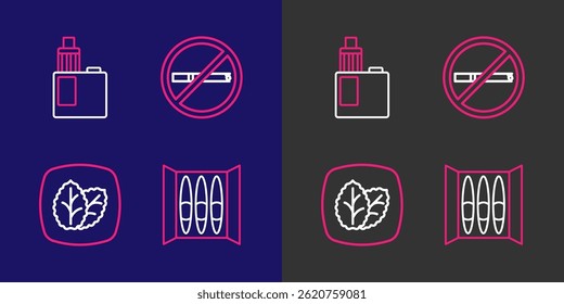Set line Cigar, Tobacco leaf, No smoking and Vape mod device icon. Vector