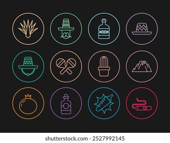 Set line Cigar, Volcano eruption with lava, Tequila bottle, Maracas, Mexican sombrero, Agave, Cactus or succulent in pot and man icon. Vector