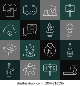 Set line Cigarette, Beer bottle, Psilocybin mushroom, Sneakers, Speech bubble chat, Peace cloud, t-shirt print stamp and Cactus icon. Vector