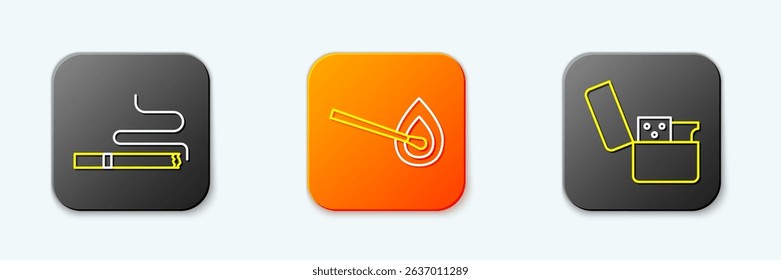 Set line Cigarette, Burning match with fire and Lighter icon. Vector