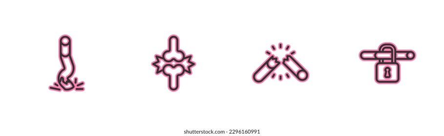 Set line Cigarette butt, Broken cigarette, Joint pain, knee pain and No smoking icon. Vector