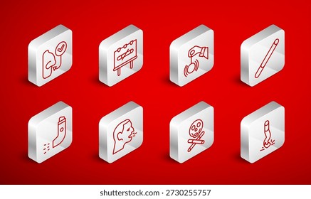 Set line Cigarette butt, No smoking, Hypnosis, Bones and skull, Healthy breathing, Man coughing and Inhaler icon. Vector