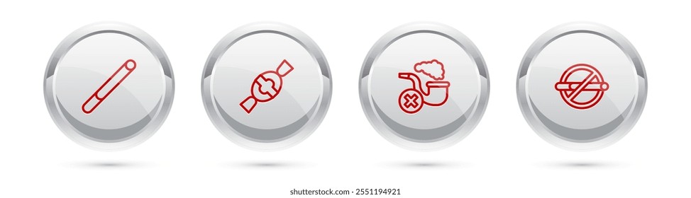 Set line Cigarette, Candy, Smoking pipe with smoke and No smoking. Silver circle button. Vector