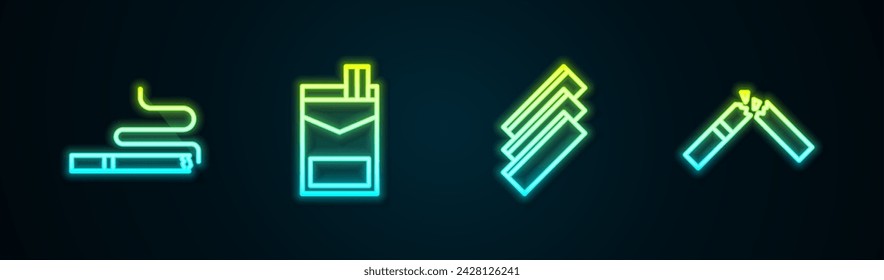 Set line Cigarette, Cigarettes pack box, rolling papers and Broken cigarette. Glowing neon icon. Vector