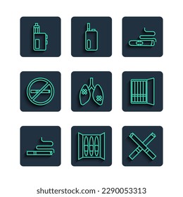 Set-Zeile Zigarette, Krankheitssymptome, Rauchverbot, Vape-Mod-Gerät und Gehäuse-Symbol. Vektorgrafik