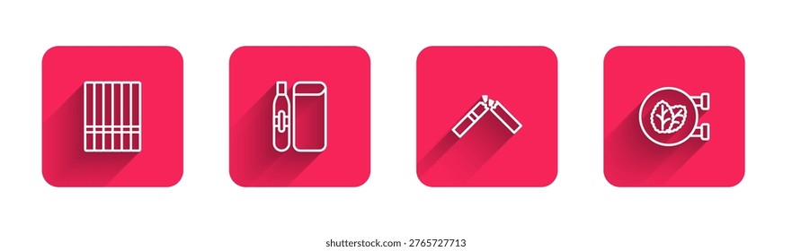 Set line Cigarette, Electronic cigarette, Broken and Tobacco leaf shop with long shadow. Red square button. Vector