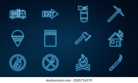 Set line Cigarette, Fire in burning house, extinguisher, Open matchbox and matches, cone bucket, truck, Firefighter axe and exit icon. Vector