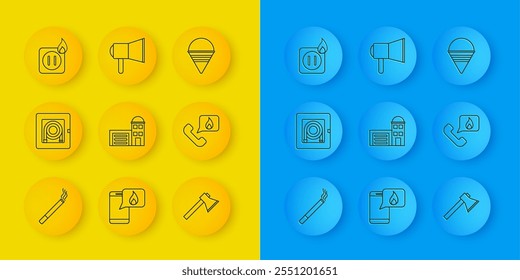 Set line Cigarette, Fire hose cabinet, Building of fire station, Firefighter axe, Telephone with emergency call 911, Electric wiring socket, cone bucket and Megaphone icon. Vector