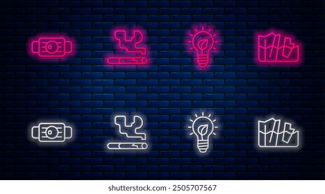 Set line Cigarette, Light bulb with leaf, Medical protective mask and Glacier melting. Glowing neon icon on brick wall. Vector