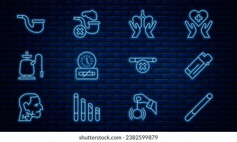 Set line Cigarette, Lighter, Lungs, No smoking time, Hookah, pipe,  and Smoking with smoke icon. Vector