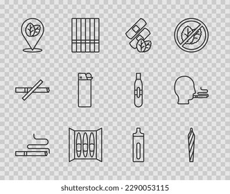 Set-line Zigarette, Marijuana Gelenk, Spliff, medizinische Nikotinpflaster, Tabakblatt, Lighter, E-Zigarette und Man rauchen Symbol. Vektorgrafik