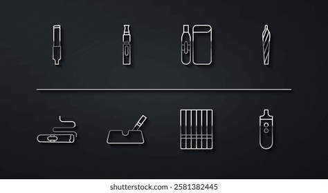 Set line Cigarette, Marijuana joint, spliff, Ashtray with cigarette, Electronic,  and  icon. Vector