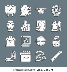 Set line Cigarette, Nicotine gum in blister pack, Hookah, No smoking, electronic cigarette, Death from,  and Lungs x-ray diagnostics icon. Vector