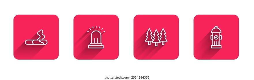 Set line Cigarette, Ringing alarm bell, Forest and Fire hydrant with long shadow. Red square button. Vector