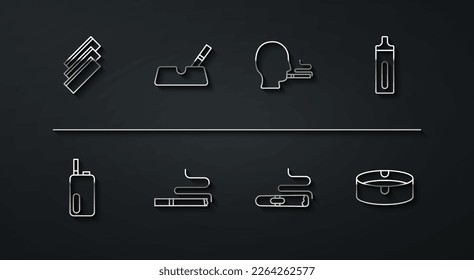 Set line Cigarette rolling papers, Electronic cigarette, Ashtray with,  and Man smoking icon. Vector