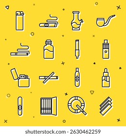 Fije los papeles rodantes del cigarrillo de la línea, la botella líquida del vape, el dispositivo del mod, el bong, el encendedor y el icono. Vector