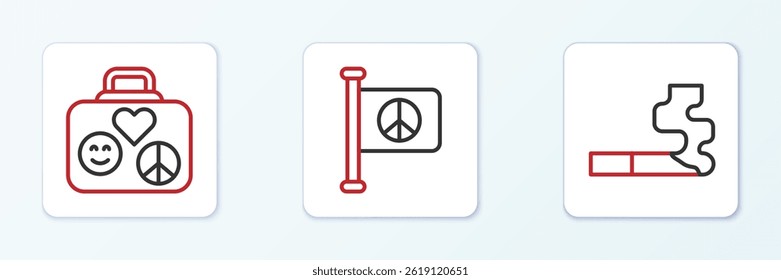 Definir linha Cigarro, Mala para viagem e Bandeira ícone da paz. Vetor