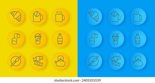 Set line Cigarette, Tea bag, Cup of tea with leaf, Kettle handle, Bottle water, Croissant,  and time icon. Vector