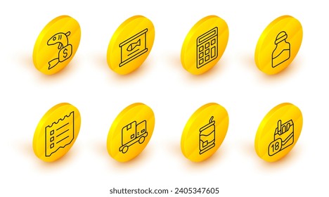 Set line Cigarettes pack box, Soda can, Hand truck and boxes, Shopping list, Spice, Calculator, Canned fish and Price tag for icon. Vector