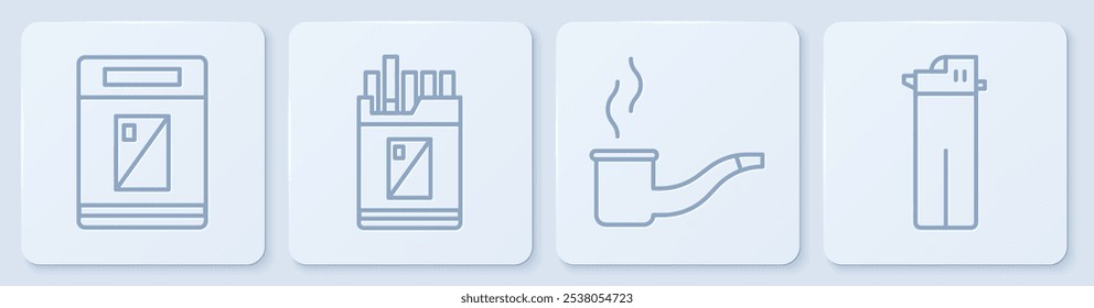 Set line Cigarettes pack box, Smoking pipe, Open cigarettes pack box and Lighter. White square button. Vector