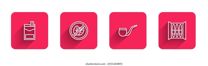 Set line Cigarettes pack box, No tobacco leaf, pipe smoking and  with long shadow. Red square button. Vector