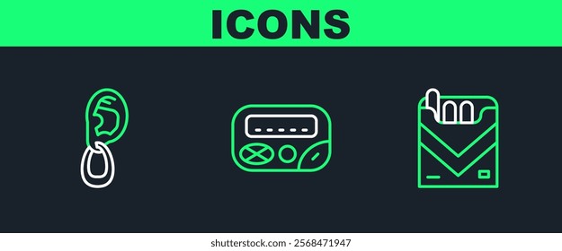 Set line Cigarettes pack box, Ear with earring and Pager icon. Vector