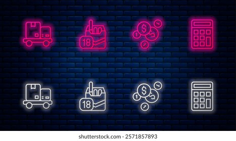 Set line Cigarettes pack box, Coin money with dollar, Hand truck and boxes and Calculator. Glowing neon icon on brick wall. Vector