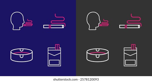 Set line Cigarettes pack box, Ashtray,  and Man smoking cigarette icon. Vector