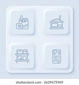 Set line Cigarettes pack box, Tin can with caviar, Warehouse interior boxes and Paper financial check. White square button. Vector