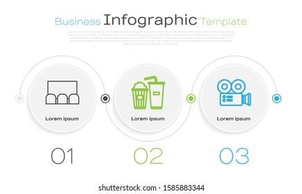Set line Cinema auditorium with screen and seats , Popcorn and soda drink glass and Cinema camera . Business infographic template. Vector