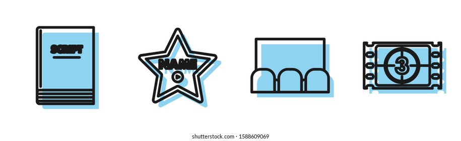 Set line Cinema auditorium with screen and seats , Scenario , Hollywood walk of fame star on celebrity boulevard  and Play Video  icon. Vector