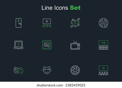 Set line Cinema auditorium with screen, Camera shutter, Comedy theatrical mask, and tragedy masks, Retro tv, Video subtitles and Online play video icon. Vector