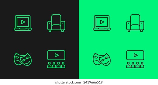 Set line Cinema auditorium with screen, Comedy and tragedy masks, Online play video and chair icon. Vector