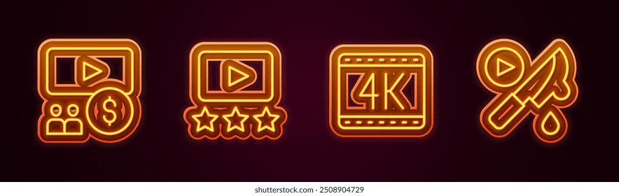 Set line Cinema auditorium with screen, Rating movie, 4k and Thriller. Glowing neon icon. Vector