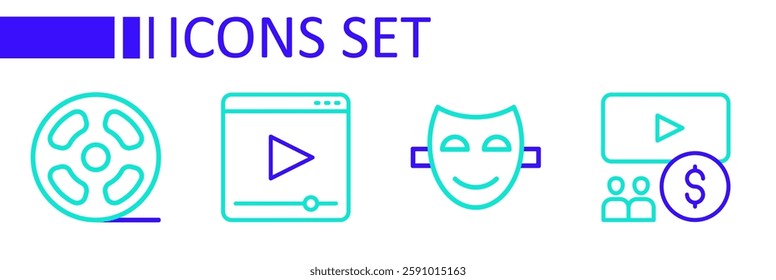 Set line Cinema auditorium with screen, Comedy theatrical mask, Online play video and Film reel icon. Vector