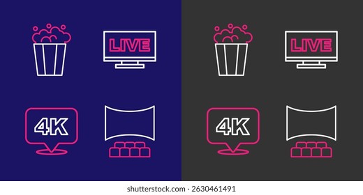 Set line Cinema auditorium with screen, 4k Ultra HD, Live stream and Popcorn cardboard box icon. Vector