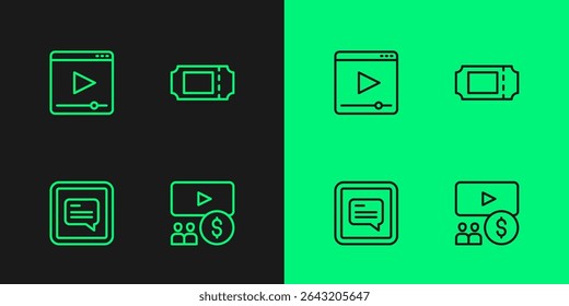 Set line Cinema auditorium with screen, Video subtitles, Online play video and ticket icon. Vector