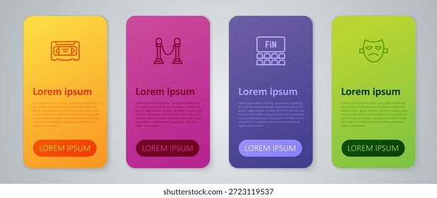 Video Set line auditorio de cine con pantalla, máscara teatral de drama, cinta de cassette VHS y barrera de cuerda. Plantilla de infografía de negocios. Vector