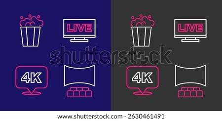 Set line Cinema auditorium with screen, 4k Ultra HD, Live stream and Popcorn cardboard box icon. Vector