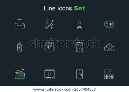 Set line Cinema auditorium with screen, Backstage, Online play video, Movie clapper, ticket, Stereo speaker, Rating movie and Paper glass water icon. Vector