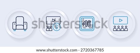Set line Cinema auditorium with screen, Plus 16 movie,  and chair icon. Vector