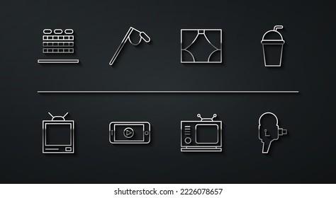 Set line Cinema auditorium with seats, Retro tv, Paper glass straw, Online play video, Microphone, cinema camera and Curtain icon. Vector