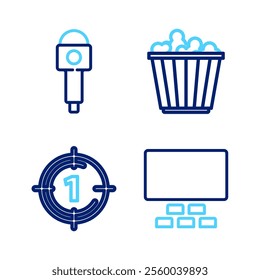 Set line Cinema auditorium with seats, Old film movie countdown frame, Popcorn box and Microphone icon. Vector