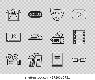 Definir linha Câmera de cinema, óculos de cinema 3D, Máscara teatral de comédia, pipoca e refrigerante, Tapete com estrela de barreiras, diretor de inscrição Cap, Cenário e ícone Reproduzir Vídeo. Vetor